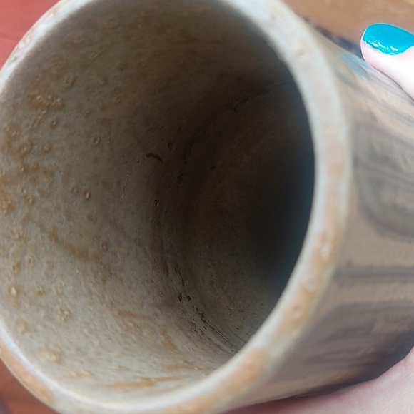 Mid Century Modern Pottery Vase, Japanese Signed Kanji 1960s blue & tan - Picture 4 of 7